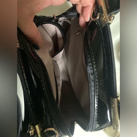 Vintage Black Patent Leather Satchel Bag with Gold Details - Picture 6 of 15